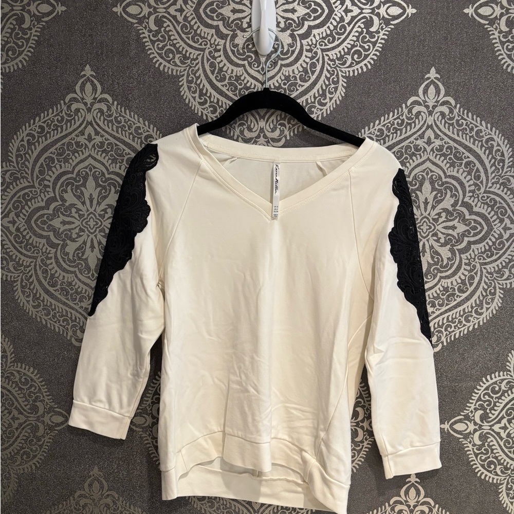 Karen Millen Cream Sweatshirt with Black Lace Detail